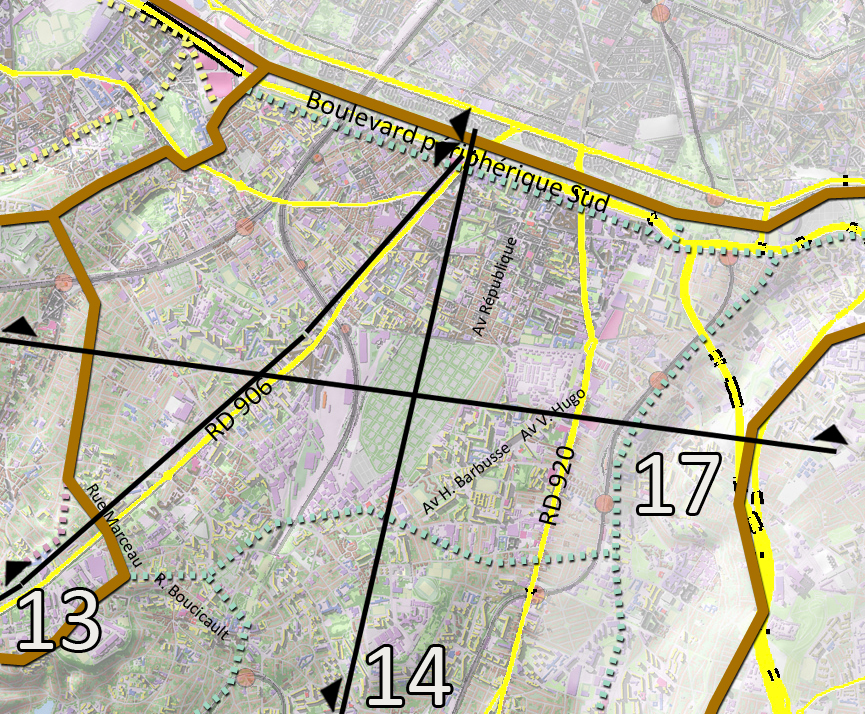 Carte de localisation des coupes et des principaux axes (en jaune)