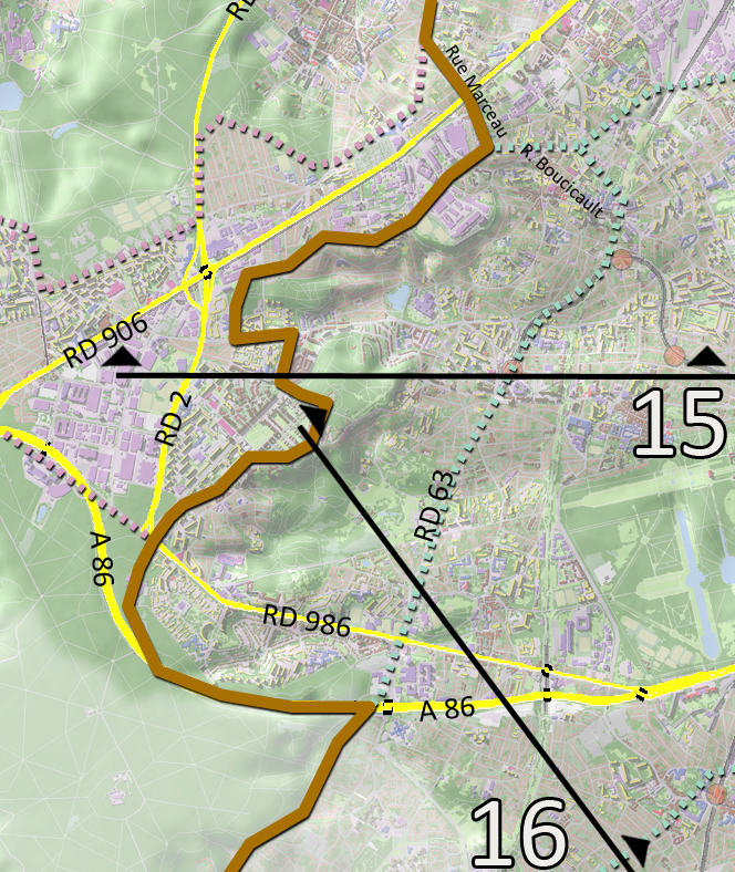 Carte de localisation des coupes et des principaux axes (en jaune)
