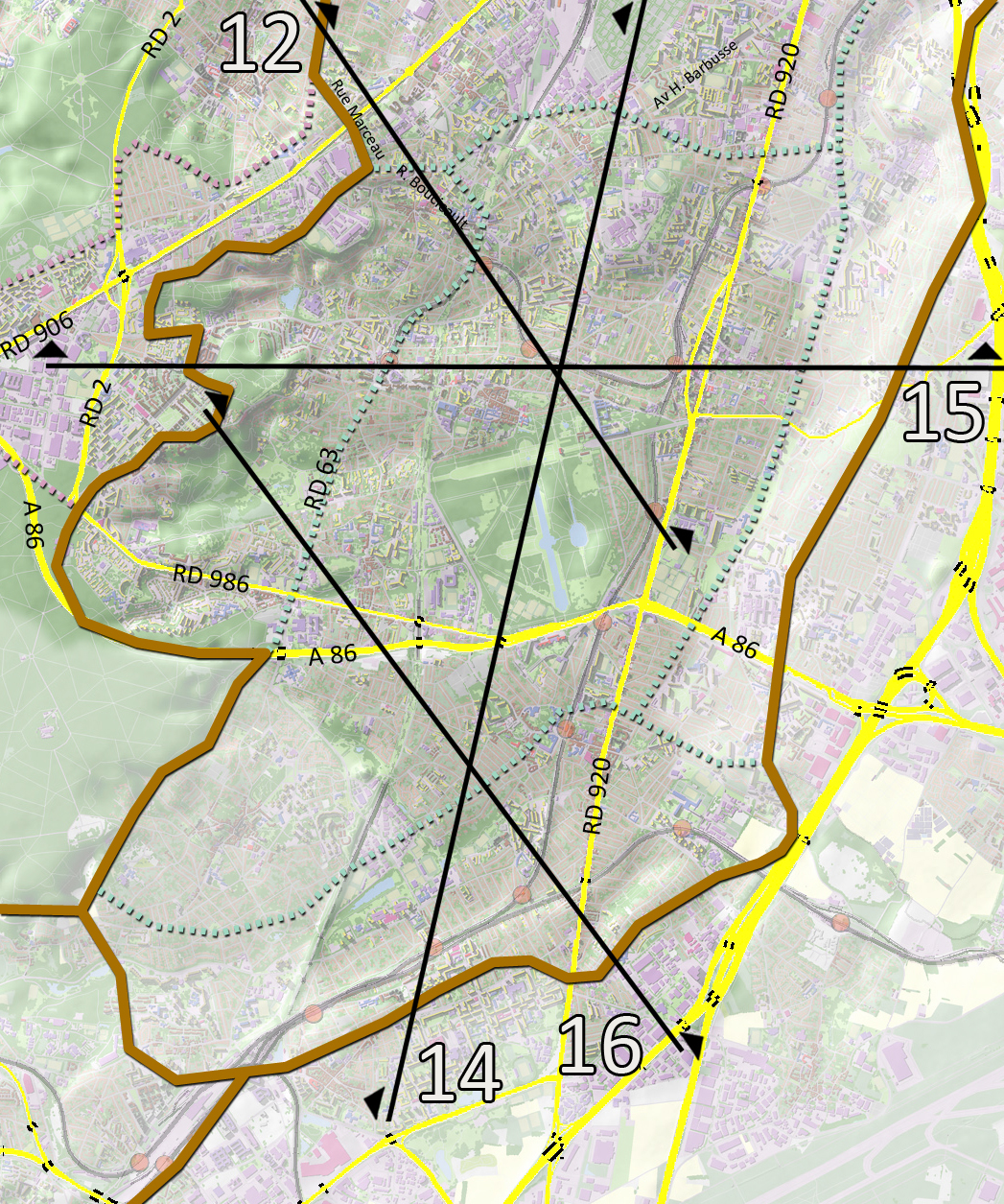 Carte de localisation des coupes et des principaux axes (en jaune)