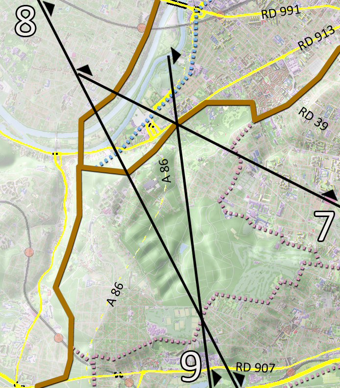 Carte de localisation des coupes et des principaux axes (en jaune)