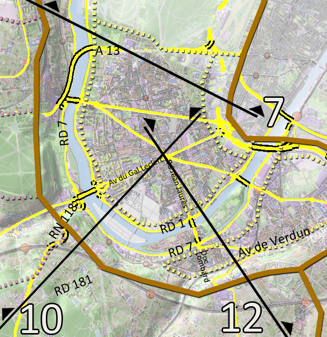 Carte de localisation des coupes et des principaux axes (en jaune)