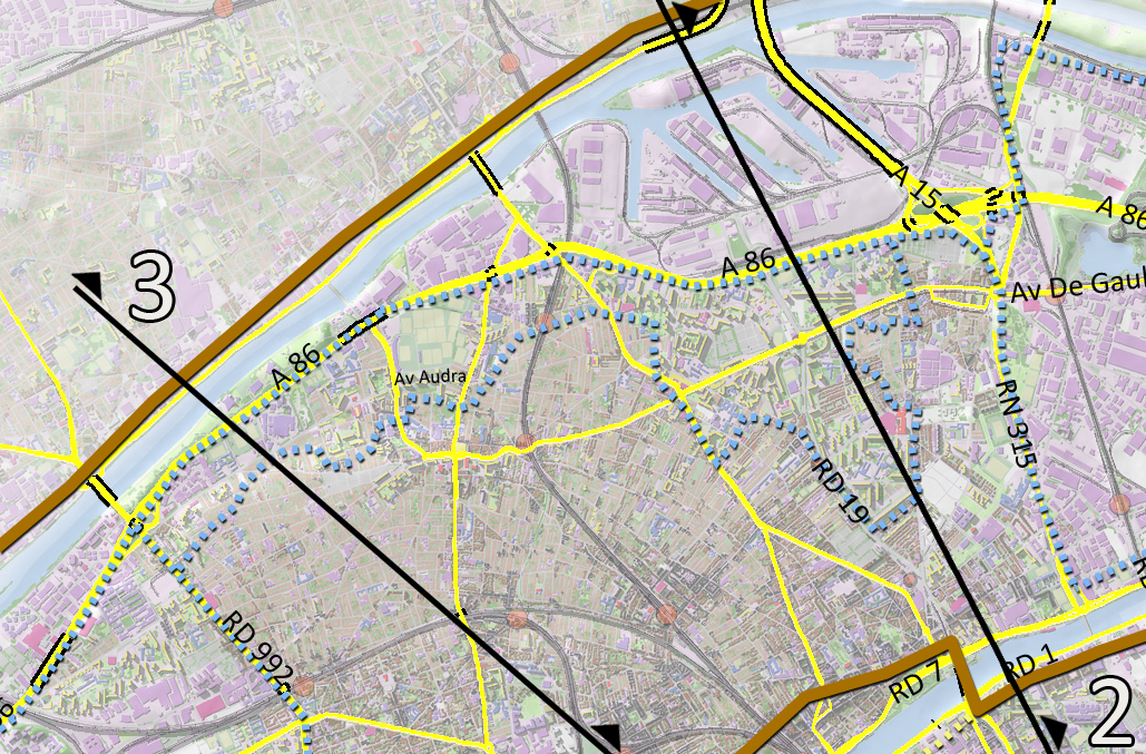 Carte de repérage des coupes et des principales routes (en jaune) 