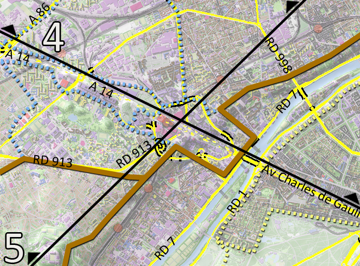 Carte de repérage des coupes et des principales routes (en jaune)