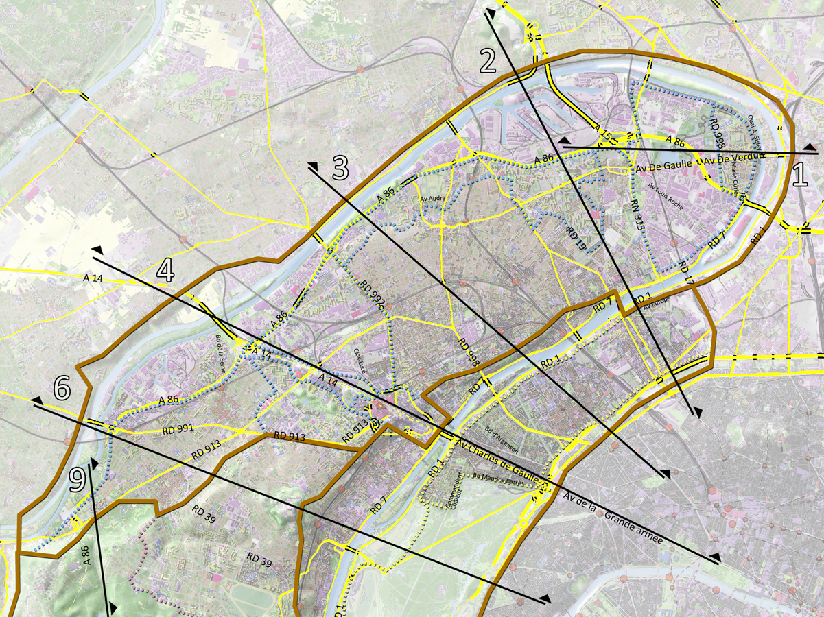 Carte de localisation des coupes et des principaux axes (en jaune)