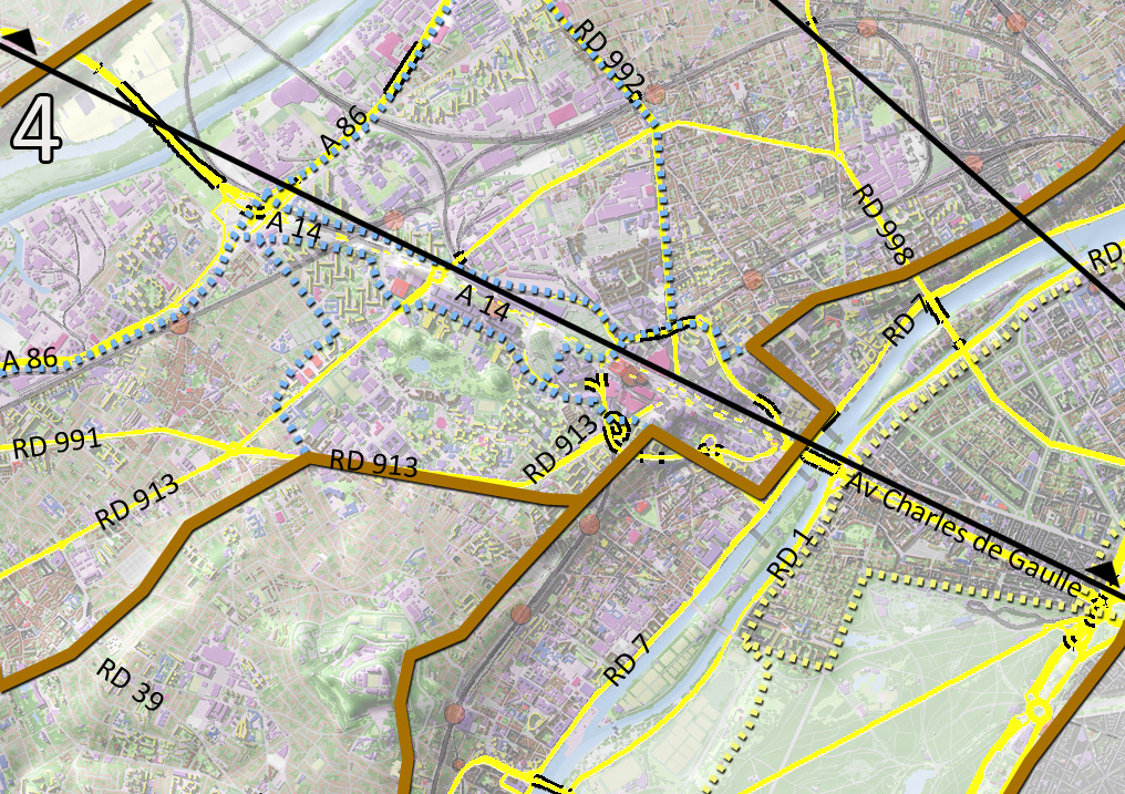 Carte de repérage des coupes et des principales routes (en jaune)