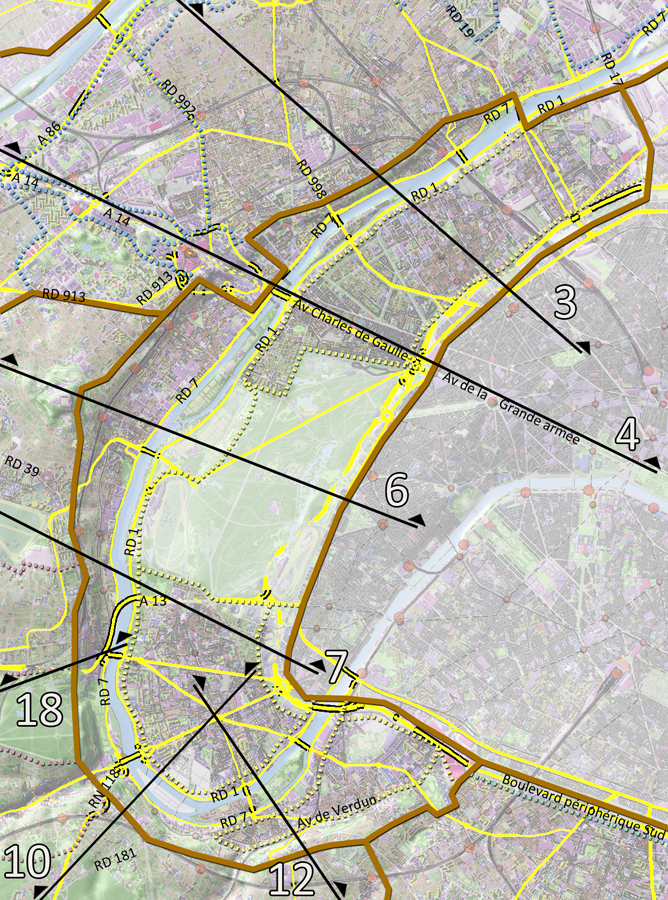 Carte de localisation des coupes et des principaux axes (en jaune)