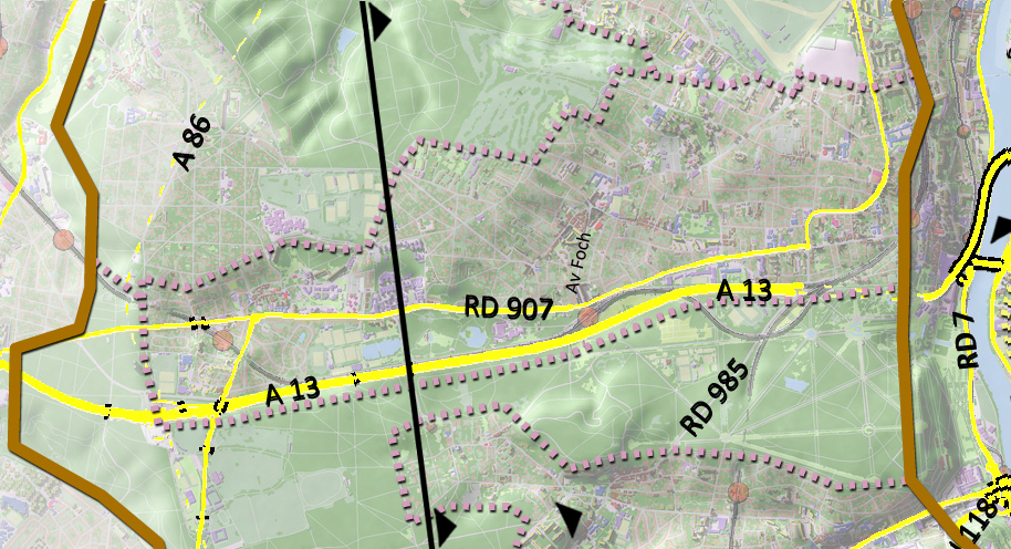 Carte de localisation des coupes et des principaux axes (en jaune)