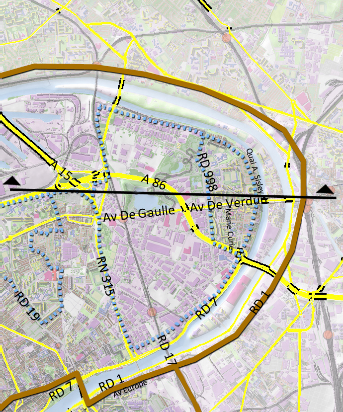 Carte de localisation de la coupe et des principaux axes (en jaune)