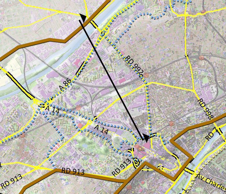 Carte de localisation de la coupe et des principaux axes (en jaune)