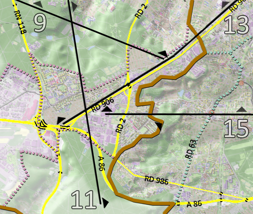 Carte de localisation des coupes et des principaux axes (en jaune)