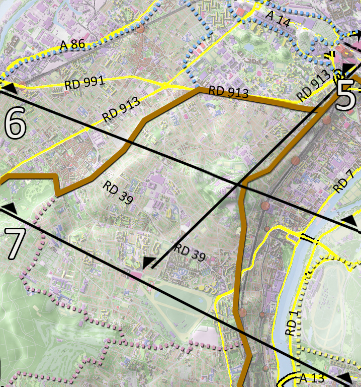 Carte de localisation des coupes et des principaux axes (en jaune)