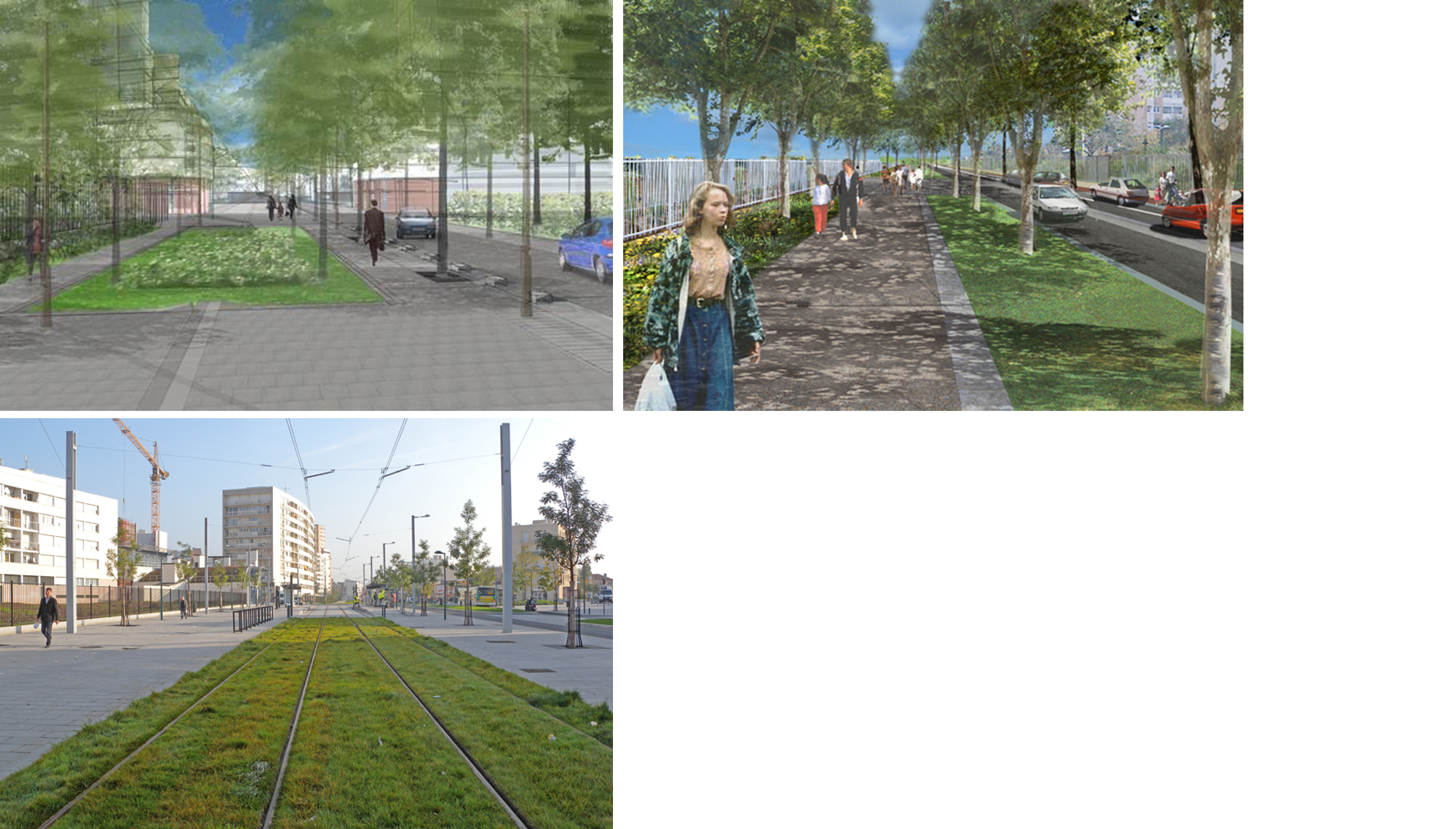 Gennevilliers, paysage des voies : illustrations du projet (en haut, documents ville de Gennevilliers), photo de l’avenue Lucien Lanternier (en bas)