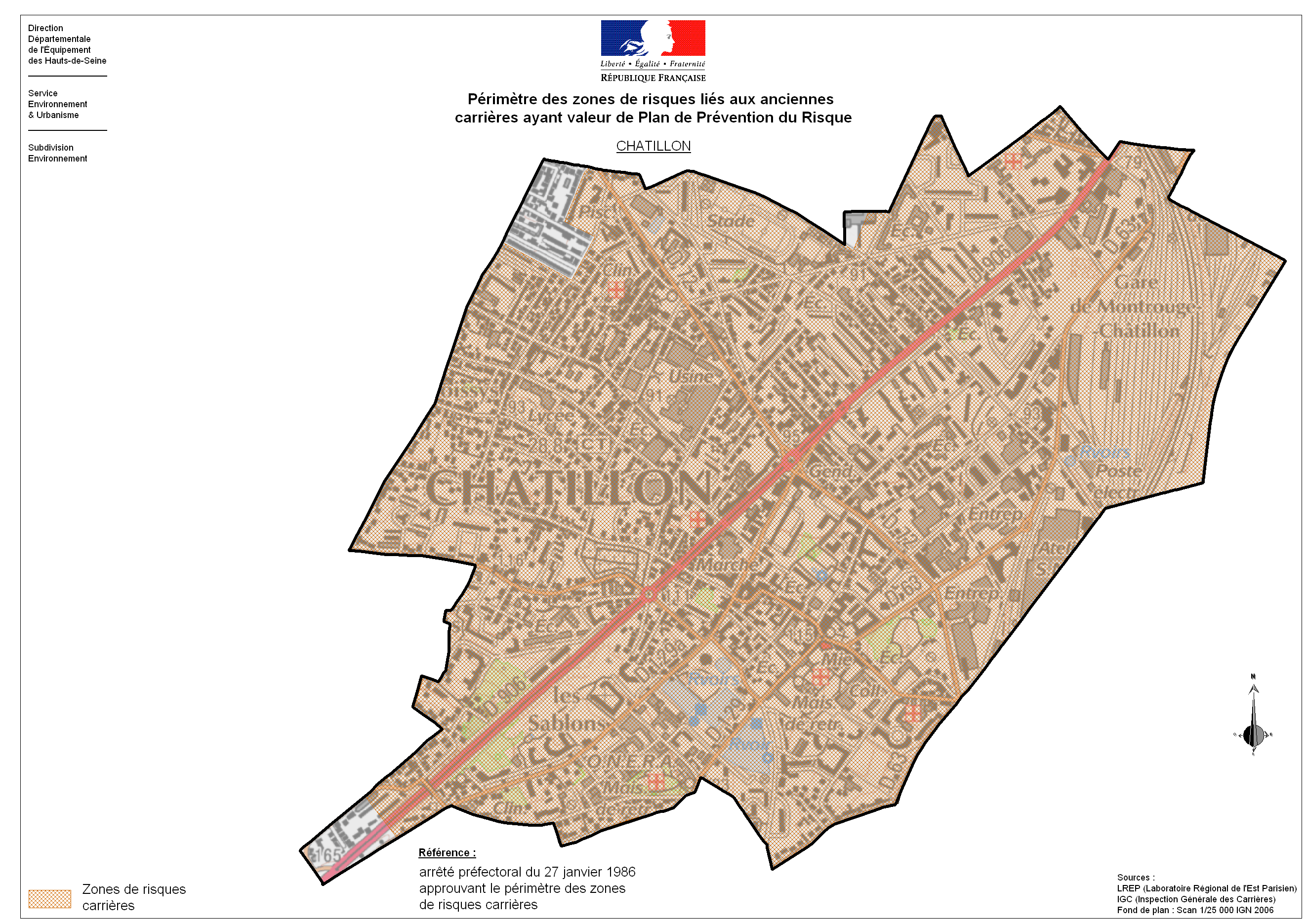 Carte des risques dus aux anciennes carrières à Châtillon (Source DRIEA/Inspection des carrières)