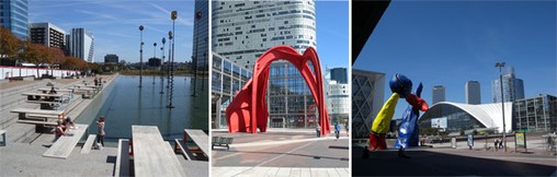 Dalle de la Défense. De gauche à droite, figures de Takis, Calder, Miro  en grand format (nouvelle fenêtre)