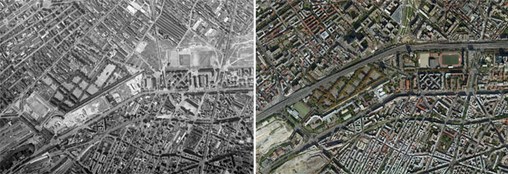 La frontière parisienne renforcée par le boulevard périphérique vers Clichy (photo IGN 1955 et aujourd'hui)  en grand format (nouvelle fenêtre)