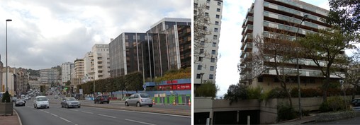 A gauche : Suresnes, la perspective du boulevard Henri Sellier. A droite : derrière l'immeuble Suresnes-Longchamps  en grand format (nouvelle fenêtre)