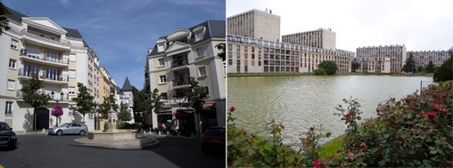 Photo de gauche : nouvelle cité-jardin au Plessis-Robinson (réalisée en 2007, la première datant des années 1920-1930). A droite, résidence du Parc à Meudon (réalisée en 1957)  en grand format (nouvelle fenêtre)