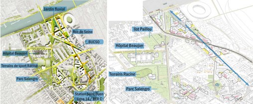 Plan guide de Clich, vue en plan, axonométries de l'axe des parcs et du projet de la rue de Seine, documents agence Leclercq  en grand format (nouvelle fenêtre)