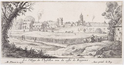 Albert Flamen, Le Village de Châtillon vu du côté de Bagneux. Musée d'Île-de-France, XVIIe siècle  en grand format (nouvelle fenêtre)
