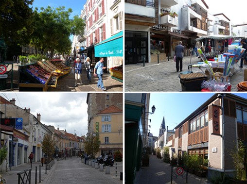 En haut à gauche, marché à Rueil, à droite, marché à Nanterre. En bas à gauche, rue du centre à Nanterre, à droite, rue du centre à Rueil  en grand format (nouvelle fenêtre)