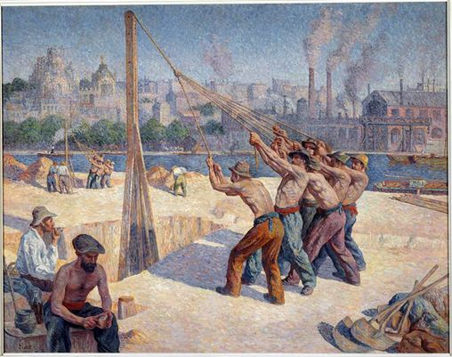 Maximilien Luce (1858-1941), Les batteurs de pieux, quai de la Seine à Billancourt, 1902-1903, Paris, musée d'Orsay  en grand format (nouvelle fenêtre)
